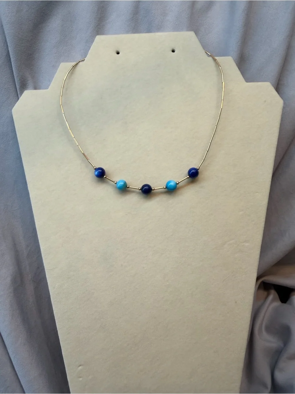 Vintage Gold Bar Necklace with Blue Bead Accents